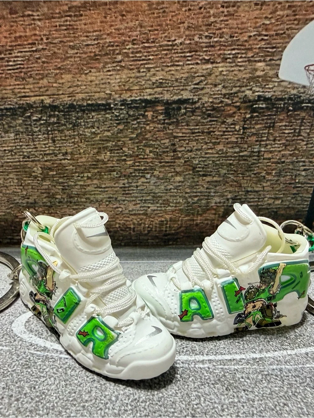 Nike Air Uptempo White Sneakers with Green & Yellow Accents Keychain Collectible